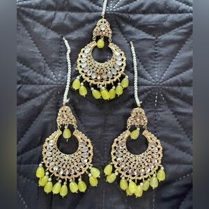 Indian Pakistani Gold and Yellow Chandelier Earrings jewelry set